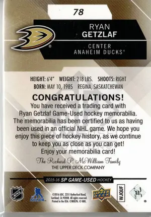 2015-16 UD SPGU Ryan Getzlaf GU Patch 3 Color 25/25 Anaheim Ducks
