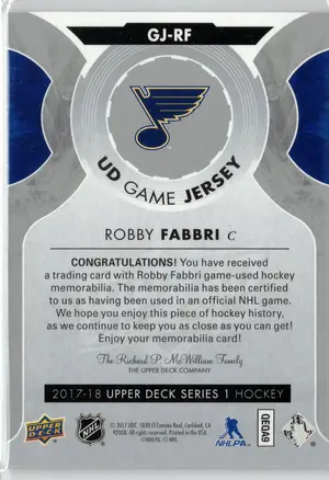 2017-18 UD Robby Fabbri GU Jersey St Louis Blues