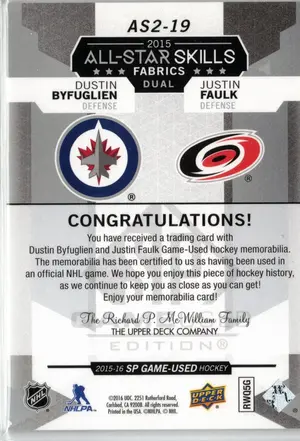 2015-16 UD SPGU All Star Fabric Dual Byfuglien Faulk GU Jersey Winnipeg Jets Carolina Hurricanes
