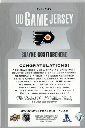 2019-20 UD Shayne Gostisbehere GU Jersey Phildelphia Flyers